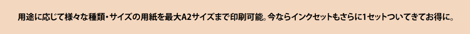 用途に応じて様々な種類・サイズの用紙を最大A2サイズまで印刷可能。今ならインクセットもさらに1セットついてきてお得に！