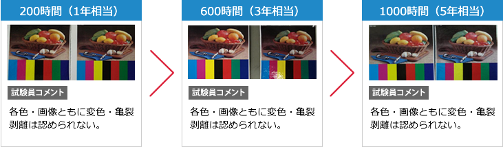 200時間(1年相当)：試験員コメント「各色・画像ともに変色・亀裂剥離は認められない。」600時間(3年相当)：試験員コメント「各色・画像ともに変色・亀裂剥離は認められない。」1000時間(5年相当)：試験員コメント「各色・画像ともに変色・亀裂剥離は認められない。」