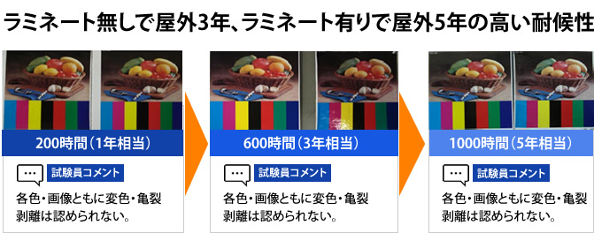 ラミネート無しで屋外3年、ラミネート有りで屋外5年の高い耐候性