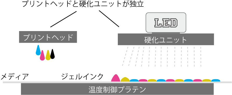 プリントヘッドとLED硬化ユニットを独立配置