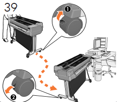 T500のみ： プリンタのキャスターのロックを解除 し、最終的な位置まで移動します。 安全のために再 びキャスターをロックします。