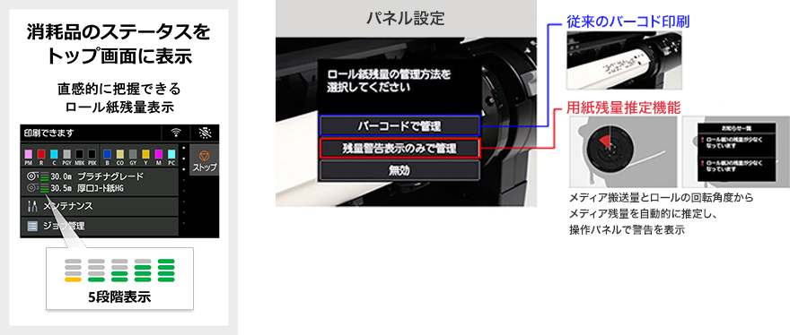 消耗品のステータスをトップ画面に表示。直観的に把握できるロール紙残量表示